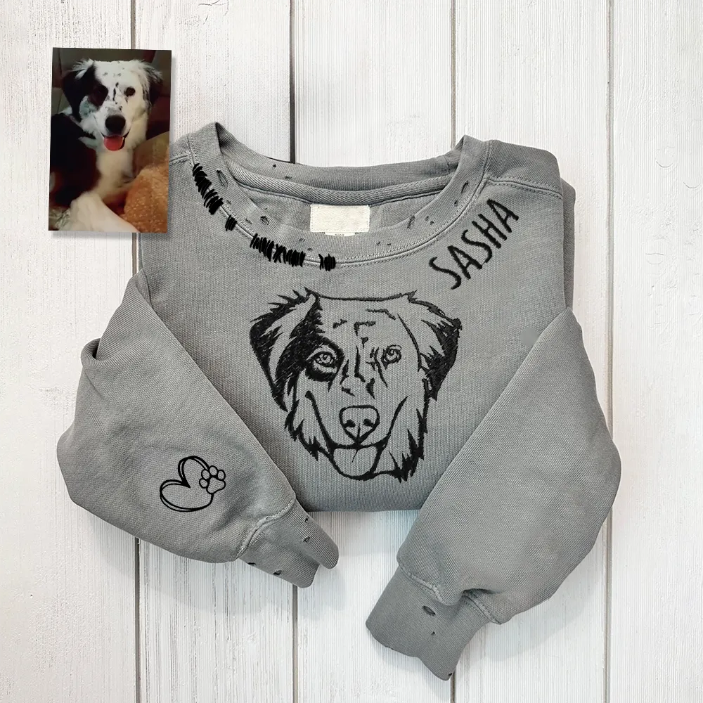 VINTAGE CUSTOM CREW-Custom Pet,Dog,Cat Face Outline Embroidered Hand Distressed Sweatshirt