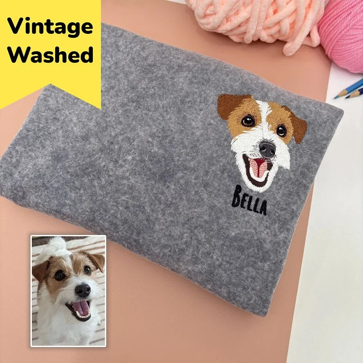 Custom Pet Portrait Embroidered Vintage Washed Sweatshirt T-Shirt Hoodie