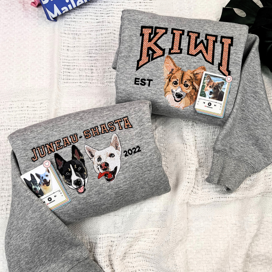Custom Embroidered Pet Portrait T-Shirt – Personalized Dog or Cat Lover Gift – Pet Mom/Dad Sweatshirt