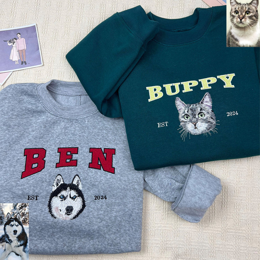 Custom Embroidered Pet Portrait Crewneck Sweatshirt, Unique Pet Gift