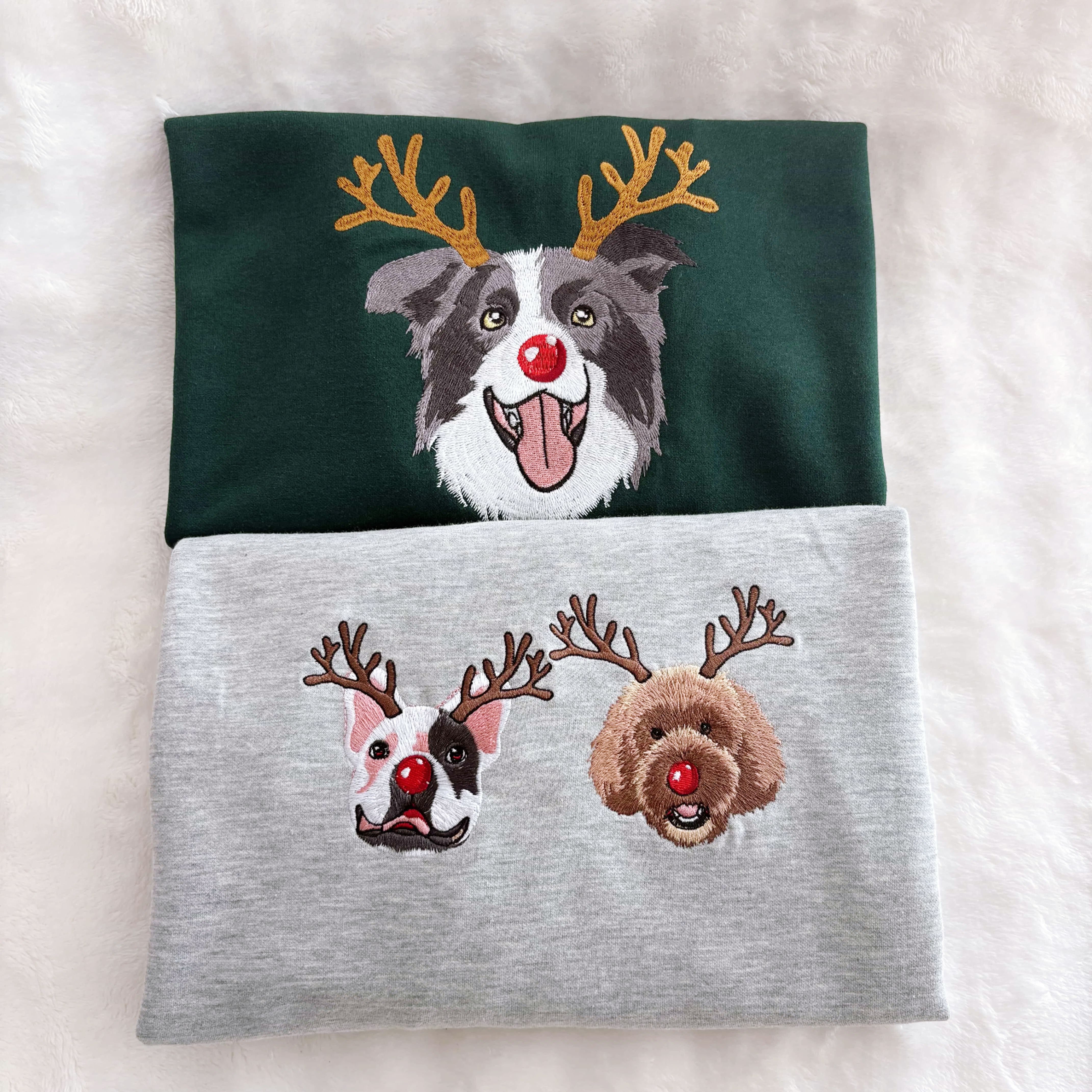 Custom Dog Embroidered Christmas Sweatshirt with Funny Reindeer Design