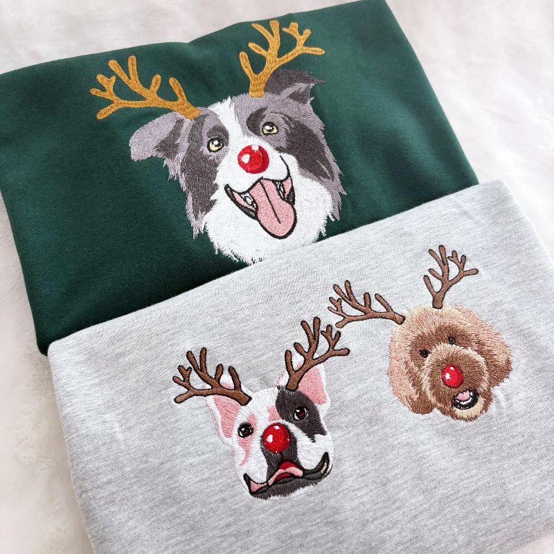Custom Dog Embroidered Christmas Sweatshirt with Funny Reindeer Design
