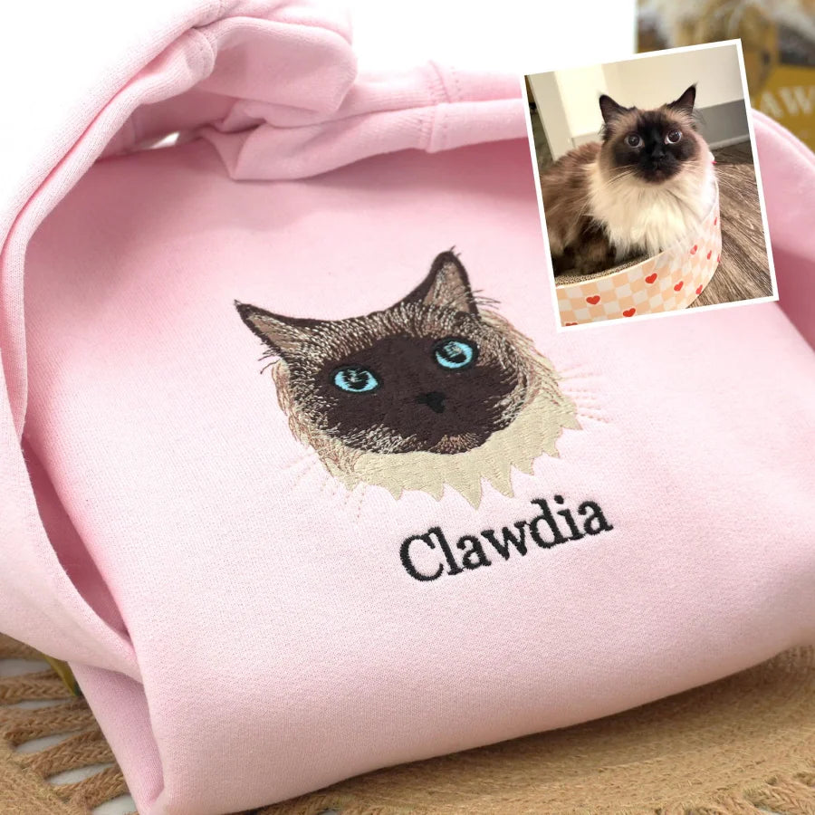 🐶🐱🐎 Full Color Pet Portrait Embroidered Sweatshirt – Custom Dog, Cat & Horse Face with Name/Date