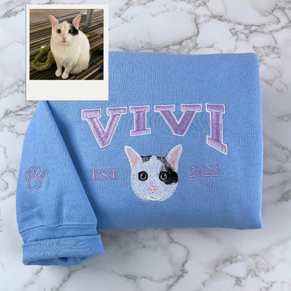 Custom Cat Portrait Varsity Hoodies - Personalized Pet Name Embroidery Sweatshirts - Cat Parent Gift