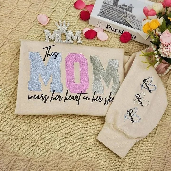 Embroidered Custom Mom Wears Her Heart On Her Sleeve T-Shirts, Sweatshirts, Hoodies