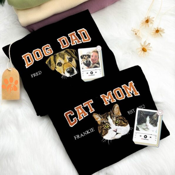Custom Embroidered Pet Portrait T-Shirt – Personalized Dog or Cat Lover Gift – Pet Mom/Dad Sweatshirt