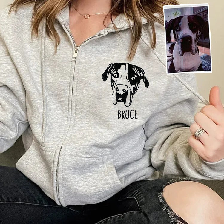 Custom Embroidered Pet Portrait Hooded Zip Up Hoodie