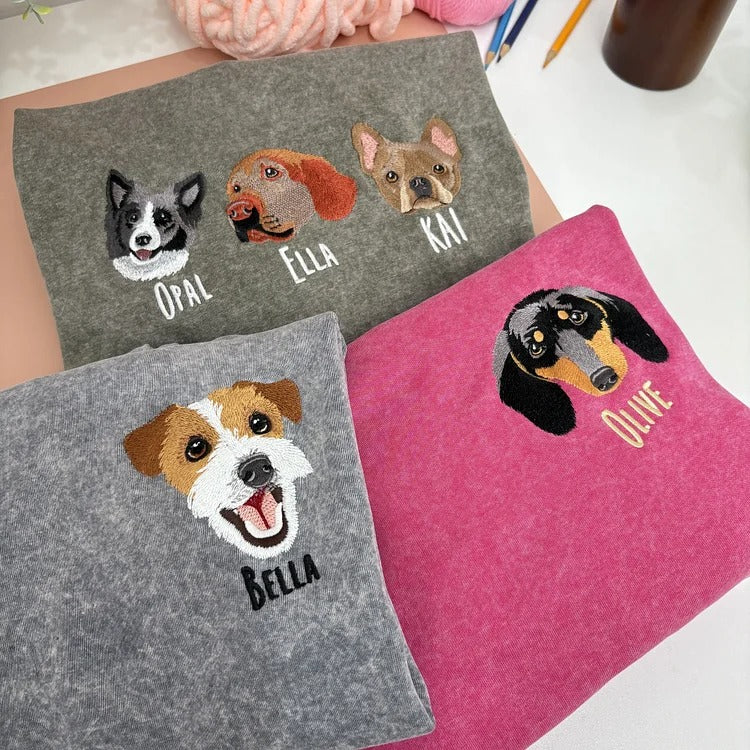 Custom Pet Portrait Embroidered Vintage Washed Sweatshirt T-Shirt Hoodie