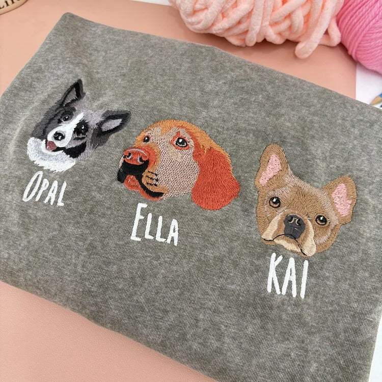 Custom Pet Portrait Embroidered Vintage Washed Sweatshirt T-Shirt Hoodie