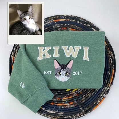 Custom Cat Portrait Varsity Hoodies - Personalized Pet Name Embroidery Sweatshirts - Cat Parent Gift