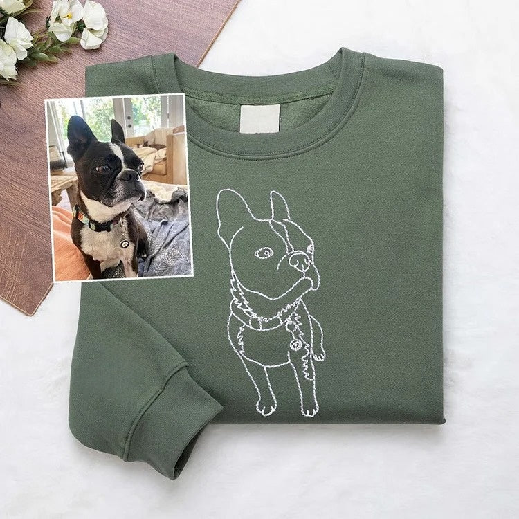 Custom embroidered sweatshirts, full-body pet sketches embroidered