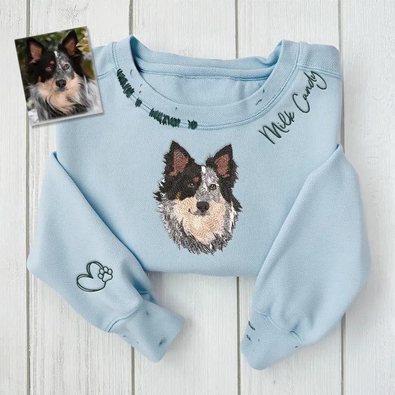 VINTAGE CUSTOM CREW-Custom Pet,Dog,Cat Face Full Color Embroidered Hand Distressed Crew Neck Sweatshirt
