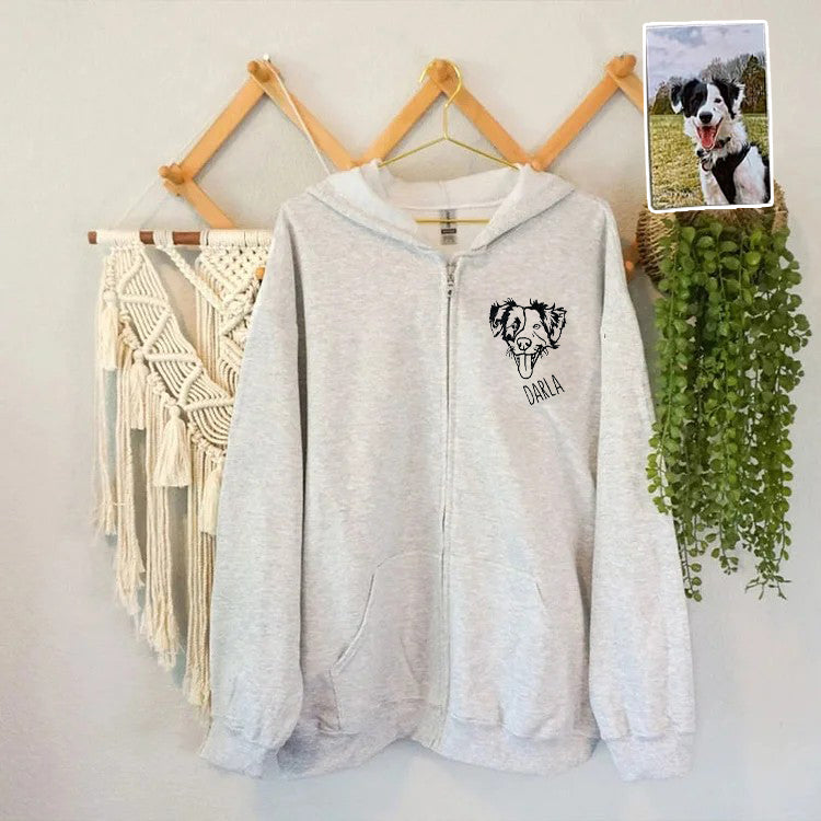 Custom Embroidered Pet Portrait Hooded Zip Up Hoodie