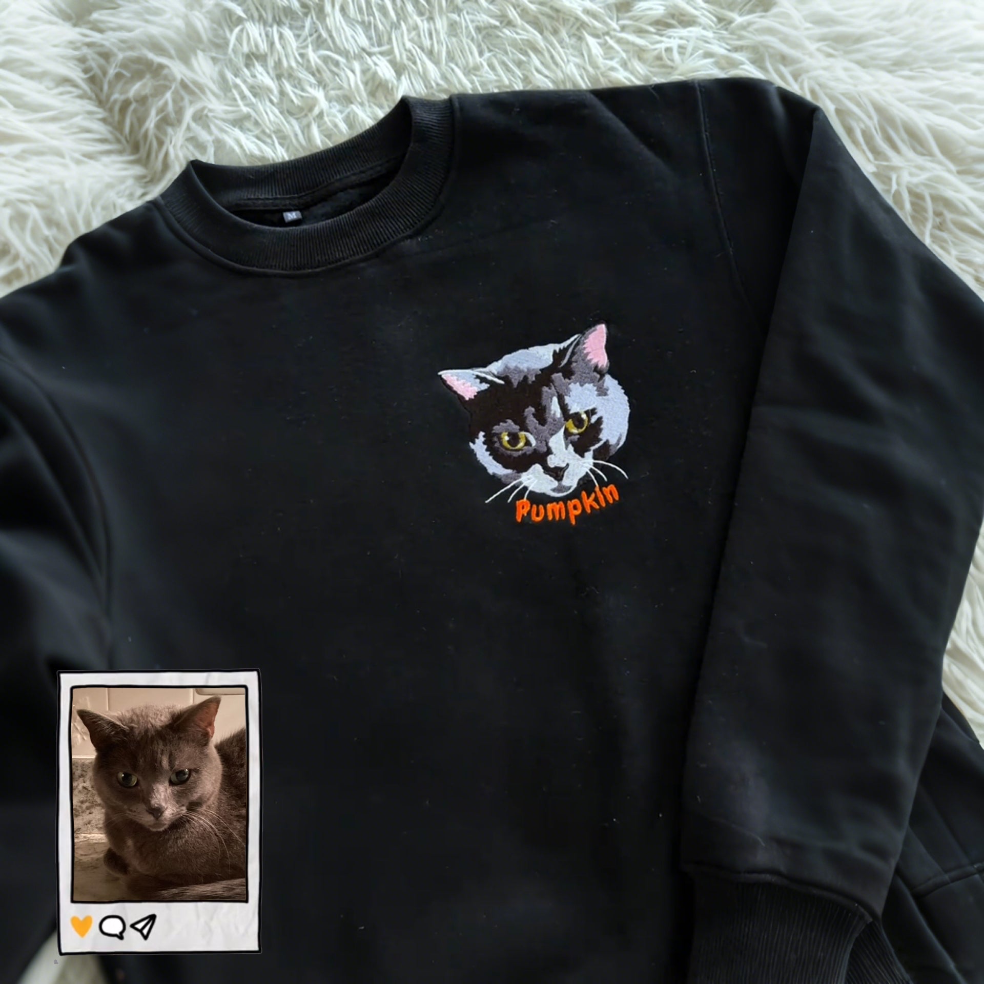 Full Color Pet Portrait Embroidered Sweatshirt, Hoodie – Custom Dog, Cat Face with Name/Date