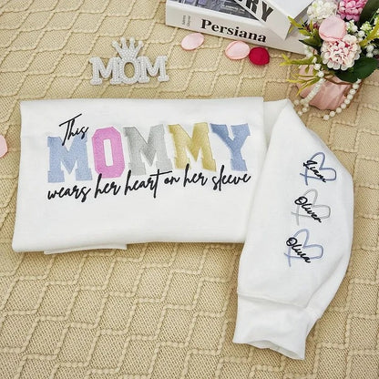 Embroidered Custom Mom Wears Her Heart On Her Sleeve T-Shirts, Sweatshirts, Hoodies