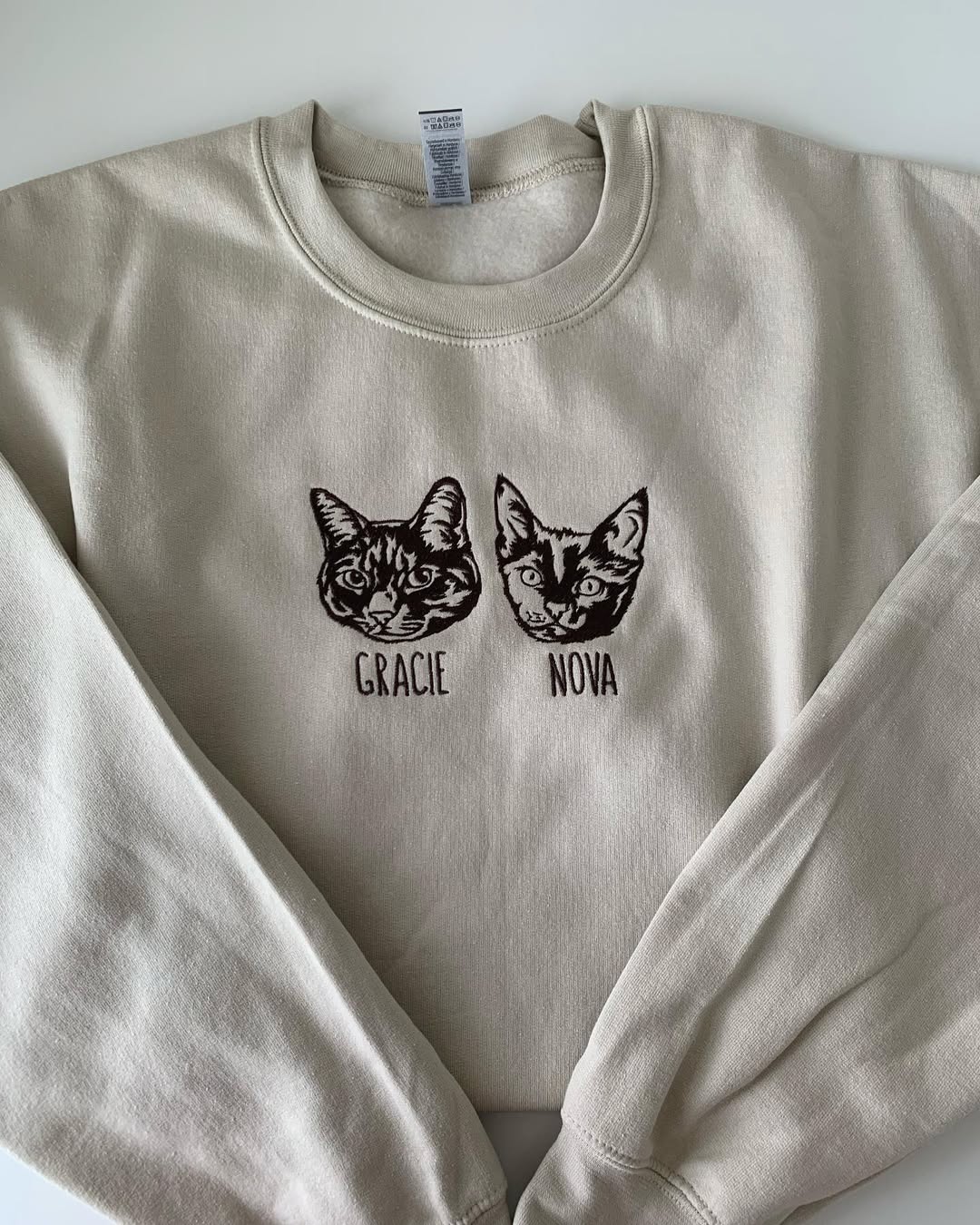 Custom Embroidered Cat Face Sweatshirt from Your Photo with Cat Names on Sleeve
