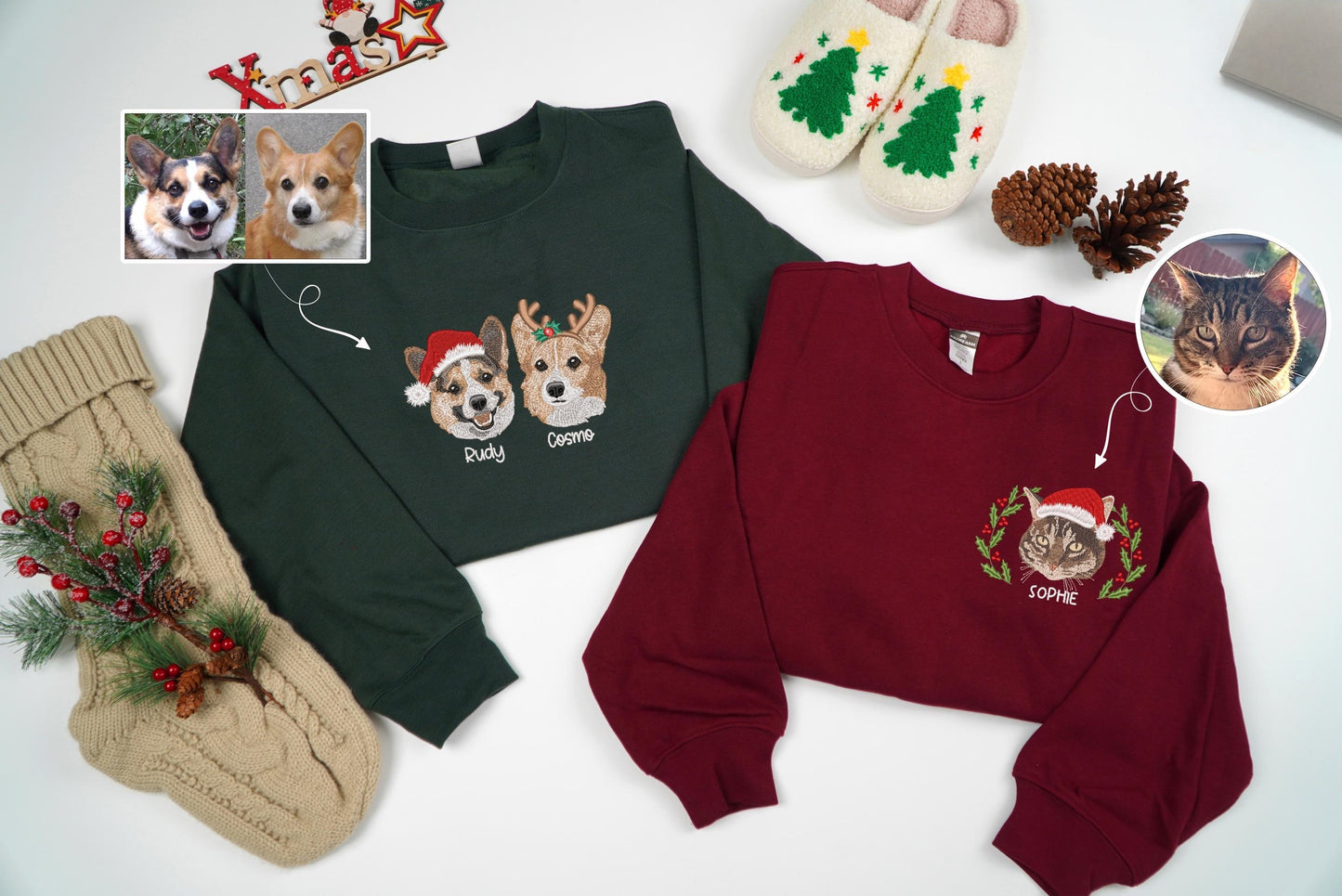 Custom Dog Portrait Christmas Sweatshirt, Personalized Pet Face Shirt,  Pet Lovers Gift