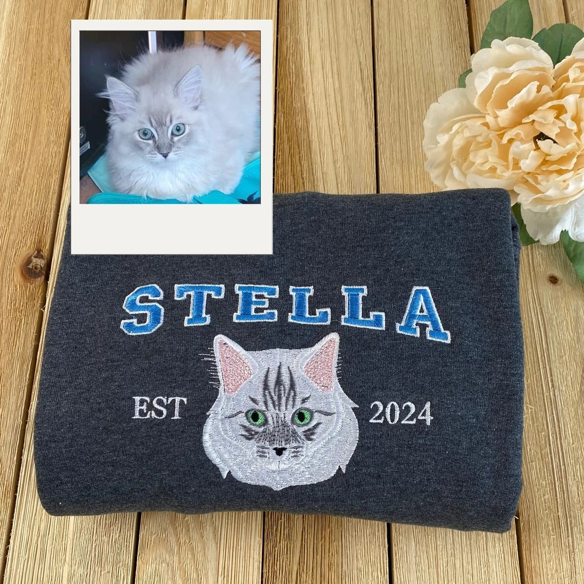 Custom Cat Portrait Varsity Hoodies - Personalized Pet Name Embroidery Sweatshirts - Cat Parent Gift