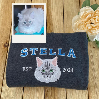 Custom Cat Portrait Varsity Hoodies - Personalized Pet Name Embroidery Sweatshirts - Cat Parent Gift