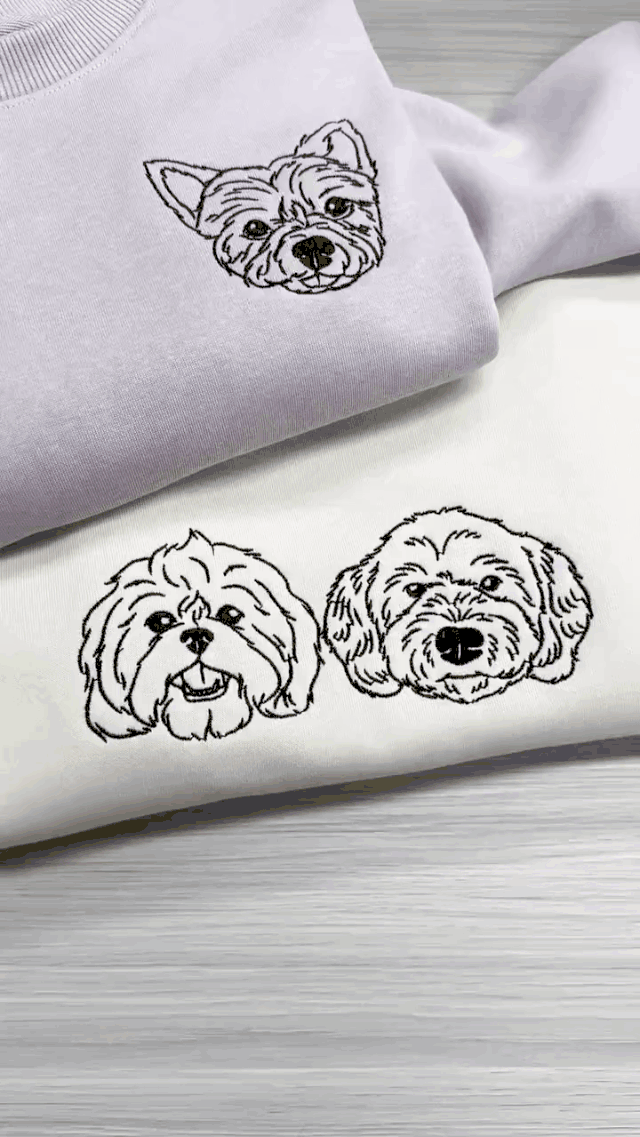 Custom Embroidered Dog Face Sweatshirt from Your Photo with Dog Names on Sleeve
