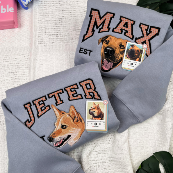 Custom Embroidered Pet Portrait T-Shirt – Personalized Dog or Cat Lover Gift – Pet Mom/Dad Sweatshirt