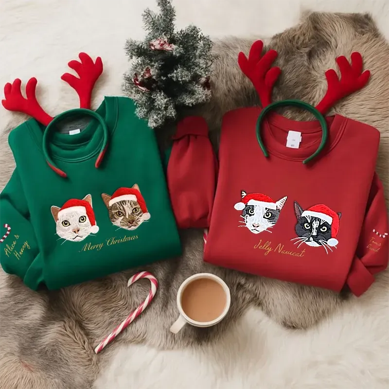 Custom Embroidered Pet Portrait Christmas Sweatshirt Hoodie T-shirt Christmas Gift