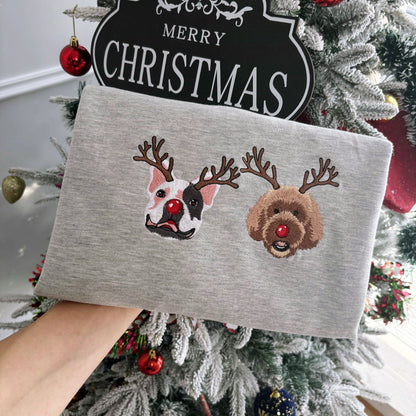 Custom Dog Embroidered Christmas Sweatshirt with Funny Reindeer Design