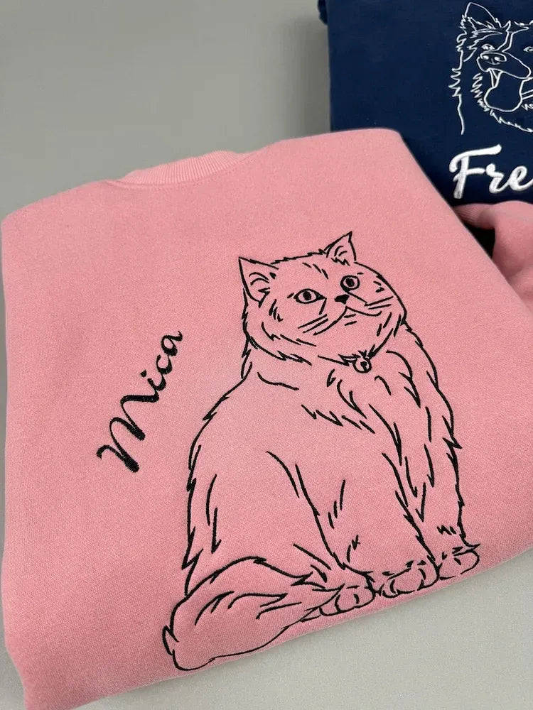 Custom embroidered hoodie, full-body pet sketches embroidered