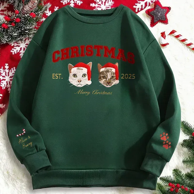 Custom Merry Christmas Embroidered Pet Portrait Sweatshirt with Glitter Side Bow Design