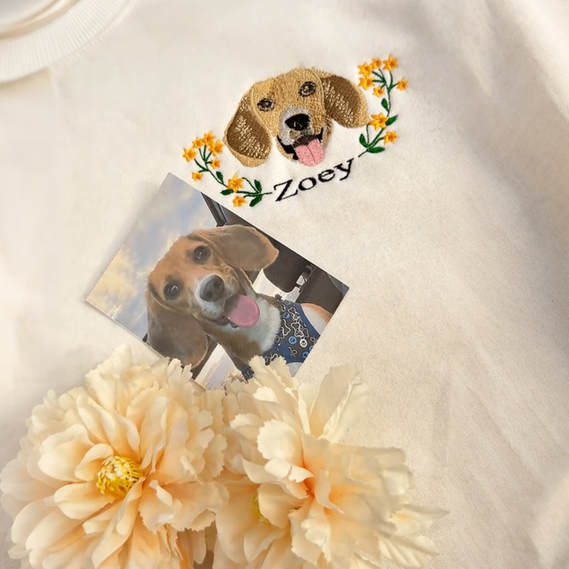 Personalized Embroidered Hoodie, Custom Dog Portrait in Full-Color with Floral wreath Design