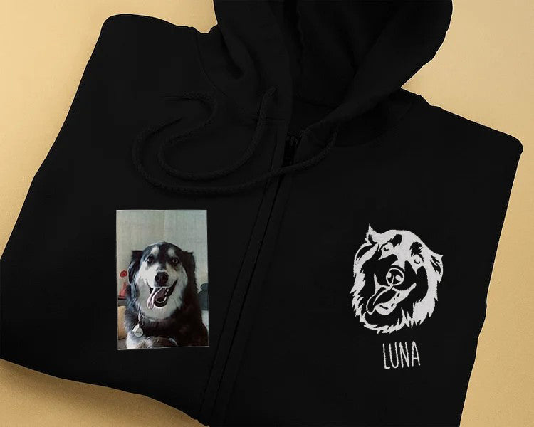 Custom Embroidered Pet Portrait Hooded Zip Up Hoodie