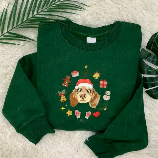 Custom Pet Portrait Christmas Sweatshirt with Festive Embroidered Elements