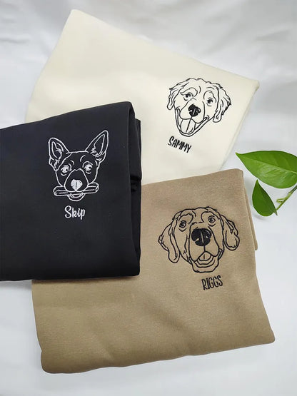 Custom Embroidered Dog Face Sweatshirt from Your Photo with Dog Names on Sleeve