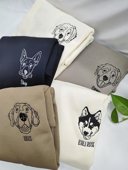Custom Embroidered Dog Face Sweatshirt from Your Photo with Dog Names on Sleeve