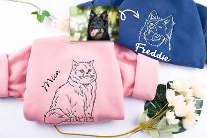 Custom embroidered hoodie, full-body pet sketches embroidered