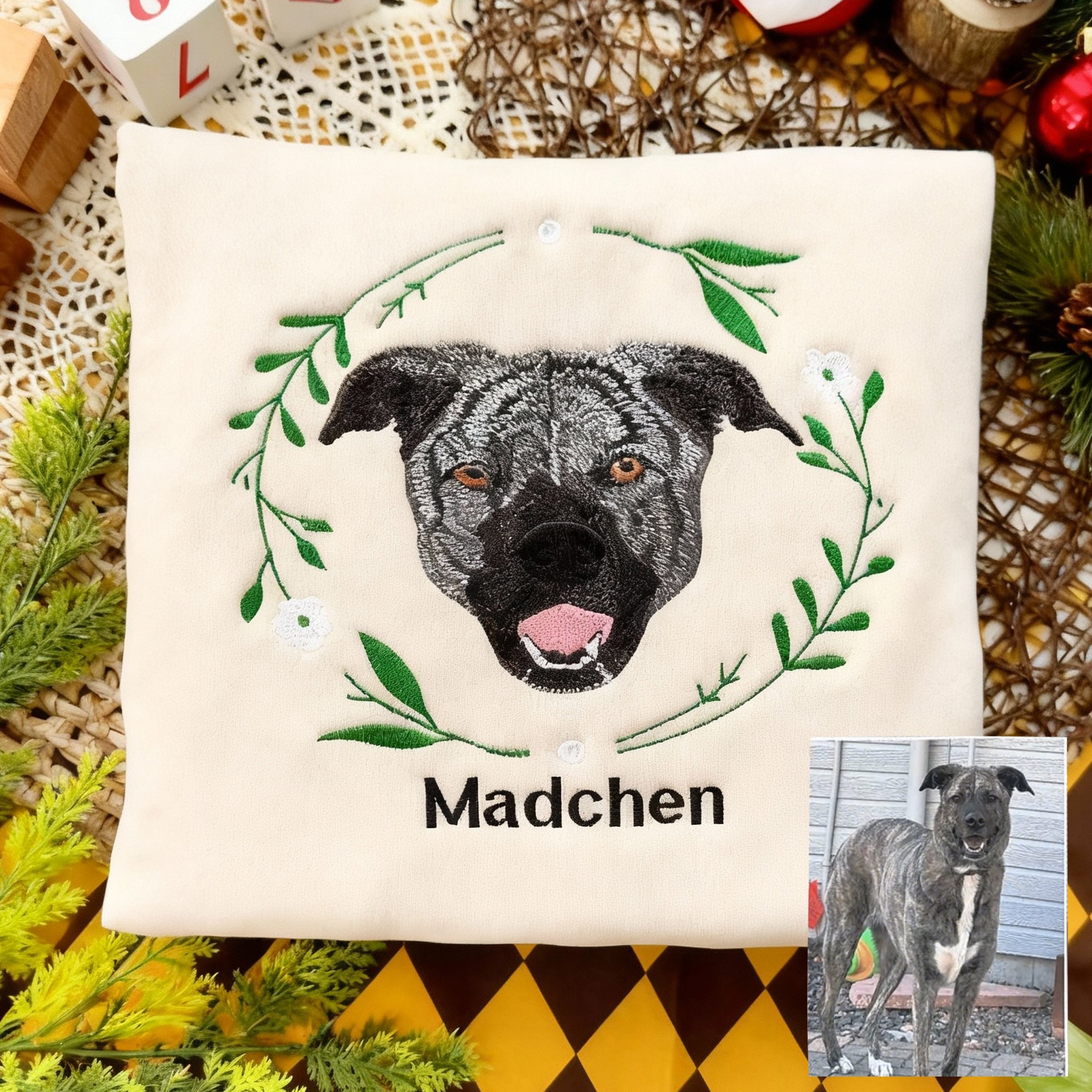 Personalized Embroidered Hoodie, Custom Dog Portrait in Full-Color with Floral wreath Design