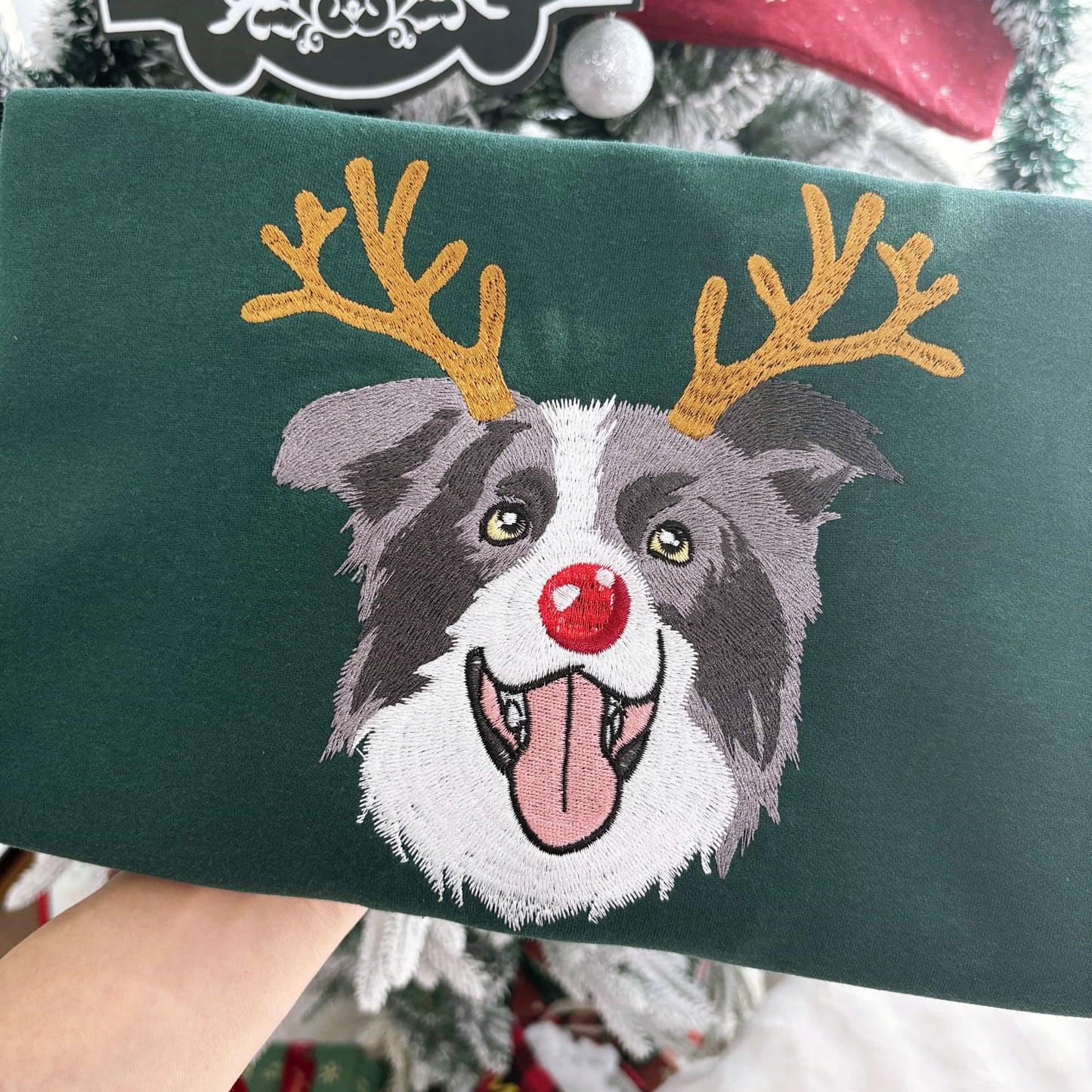 Custom Dog Embroidered Christmas Sweatshirt with Funny Reindeer Design