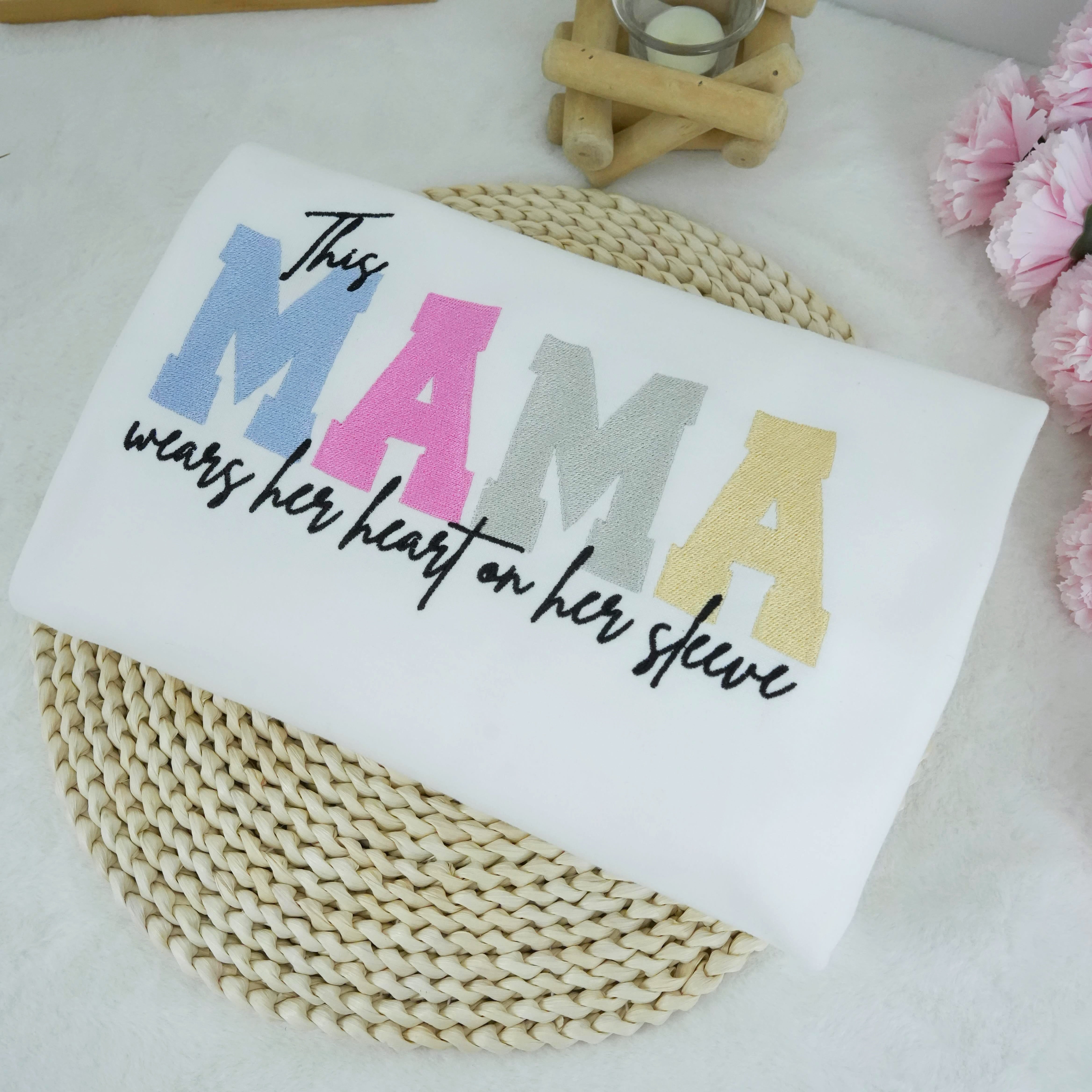 Embroidered Custom Mom Wears Her Heart On Her Sleeve T-Shirts, Sweatshirts, Hoodies