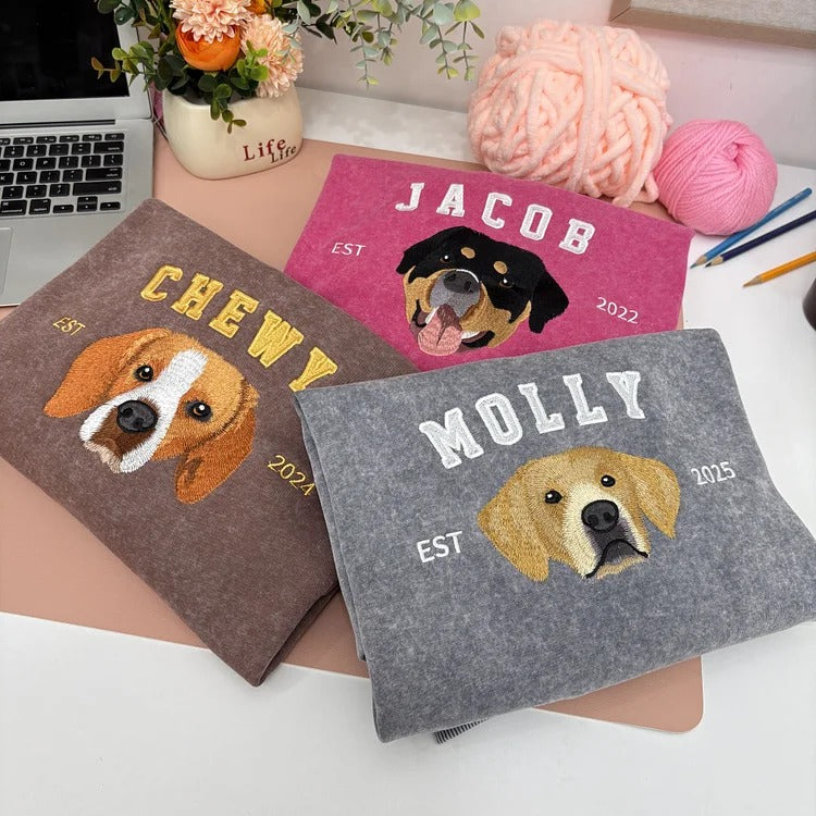 Custom Pet Photo & Name Embroidered Vintage Washed Sweatshirt T-Shirt Hoodie