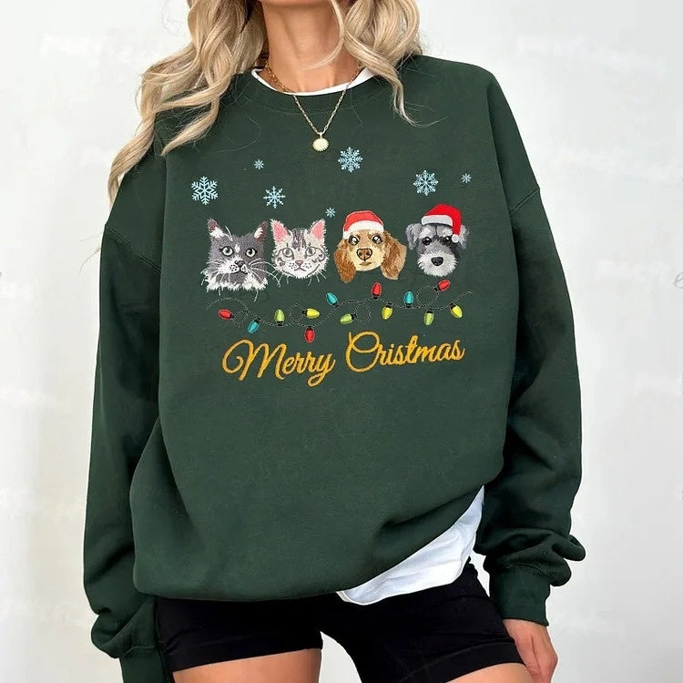 Custom Pet Portrait Christmas Sweatshirt with Snowflake and Christmas Lights Embroidery