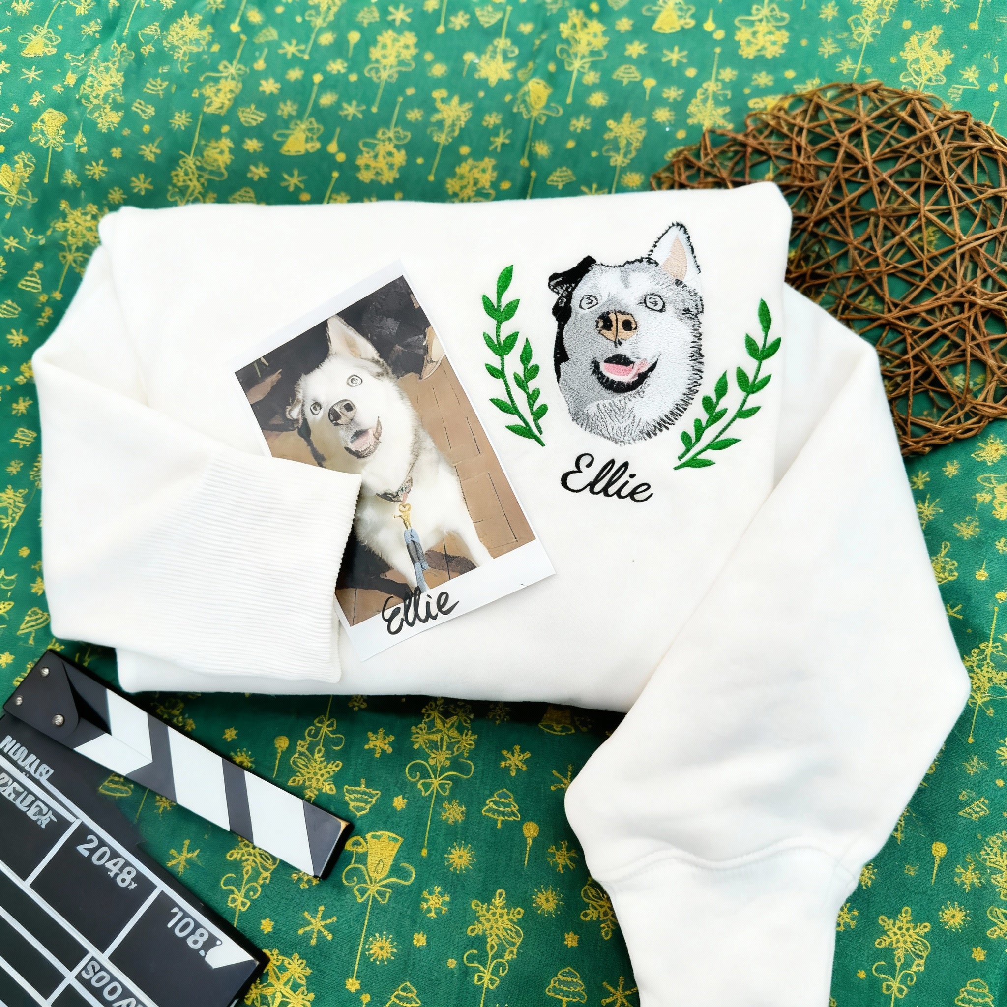 Personalized Embroidered Hoodie, Custom Dog Portrait in Full-Color with Floral wreath Design
