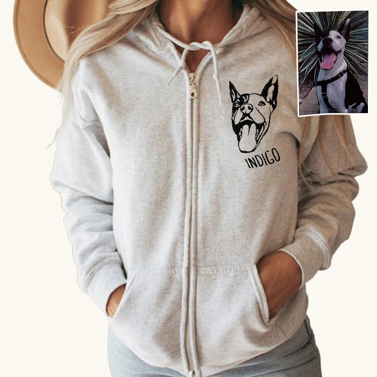 Custom Embroidered Pet Portrait Hooded Zip Up Hoodie