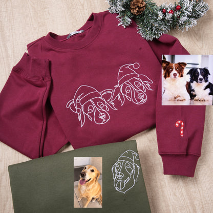 Custom Christmas Pet Face Sketch Embroidered Fleece Hoodie with Santa Hat