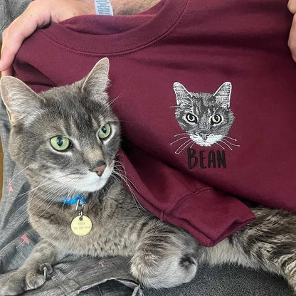 🐶🐱🐎 Full Color Pet Portrait Embroidered Sweatshirt – Custom Dog, Cat & Horse Face with Name/Date