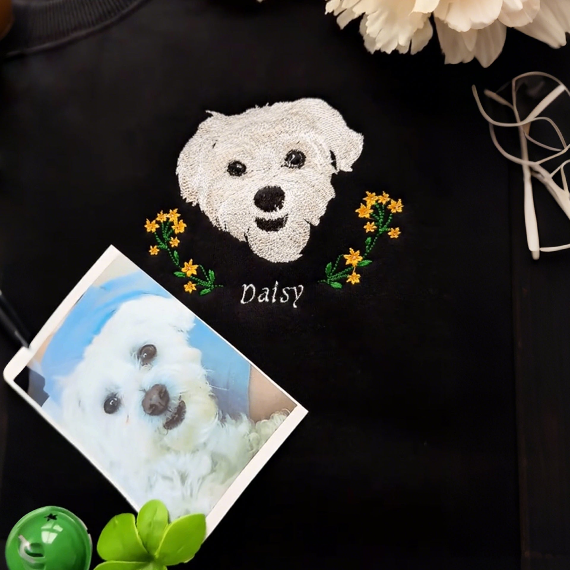 Personalized Embroidered Hoodie, Custom Dog Portrait in Full-Color with Floral wreath Design