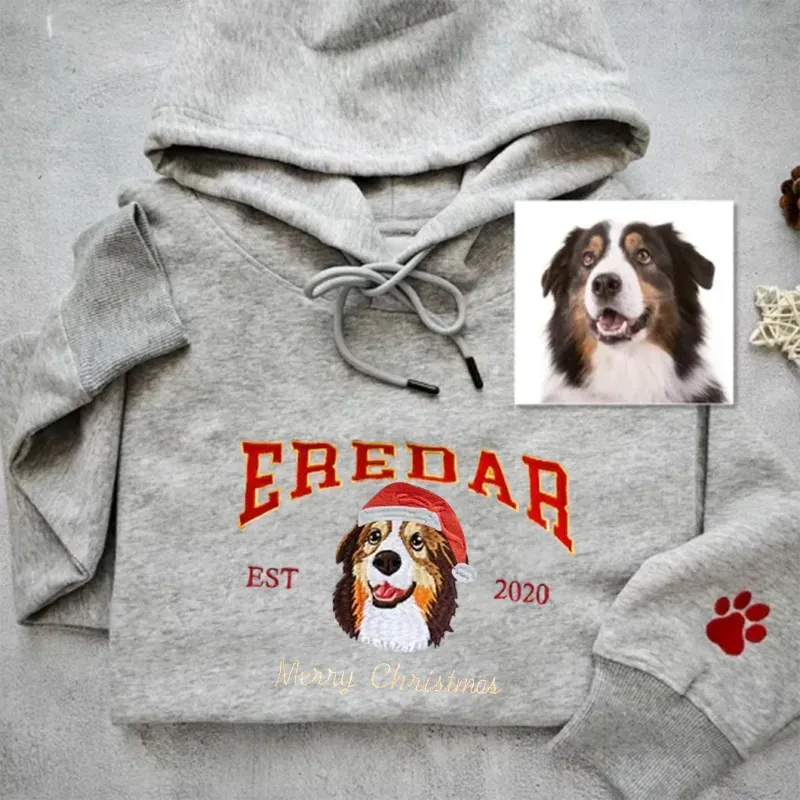 Custom Christmas Preppy Embroidered Pet Portrait Fleece Sweatshirt Hoodie