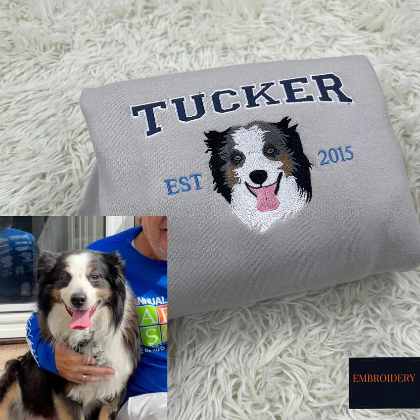 Custom Embroidered Pet Portrait Crewneck Sweatshirt, Unique Pet Gift