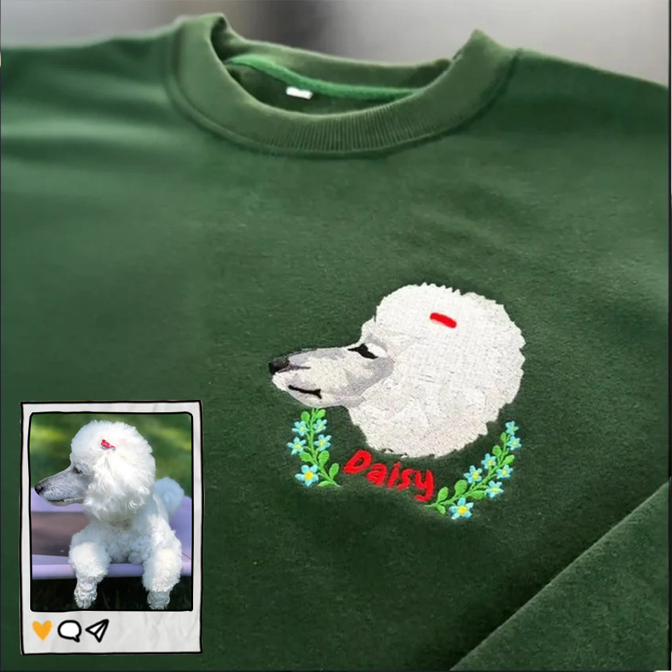 Custom Full-Color Pet Portrait Sweatshirt, Personalized Dog Embroidered Hoodie with Floral Design