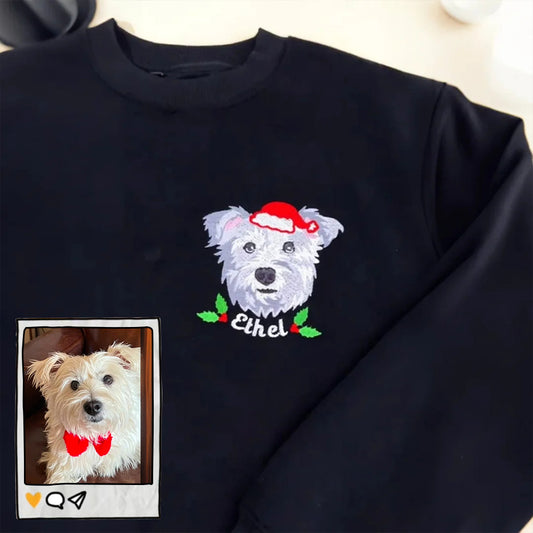 Custom Full-Color Pet Portrait Sweatshirt, Personalized Dog Embroidered Hoodie with Floral Design