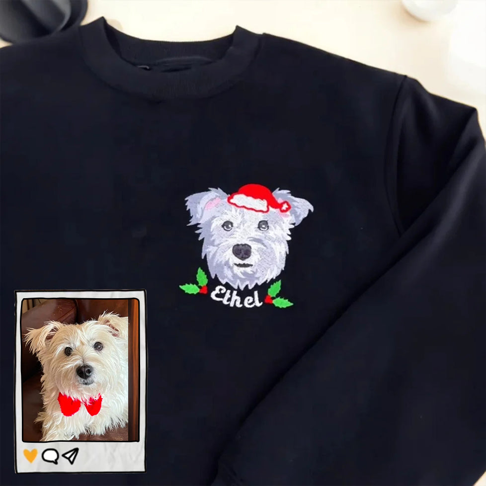 Custom Full-Color Pet Portrait Sweatshirt, Personalized Dog Embroidered Hoodie with Floral Design